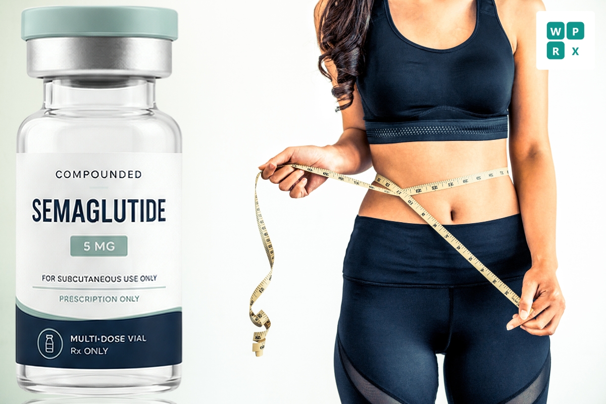 A vial of compounded prescription semaglutide beside a woman measuring her waistline — telehealth weight-loss treatment from WePeptideRx