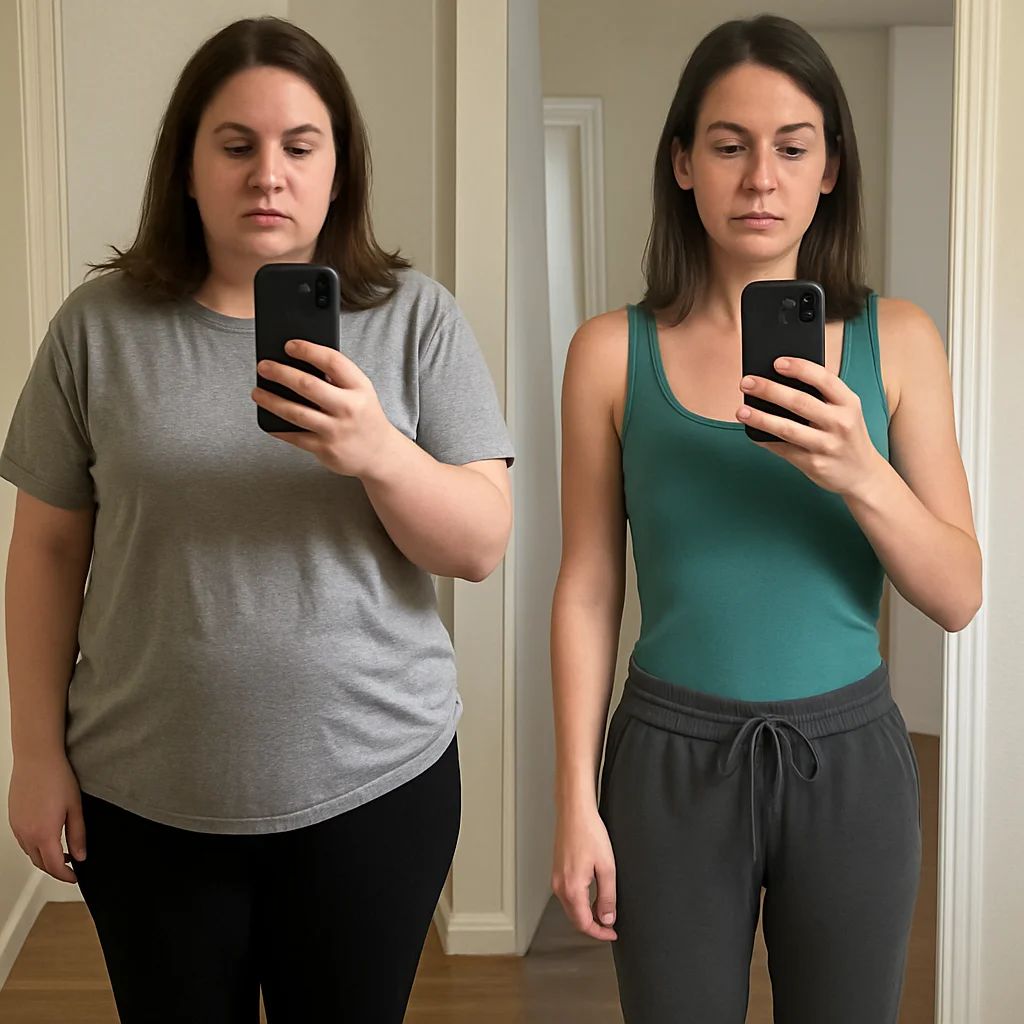 Illustrative before-and-after weight-loss transformation