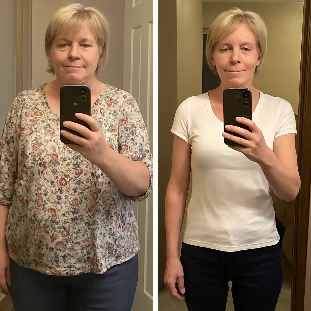 Illustrative before-and-after weight-loss transformation