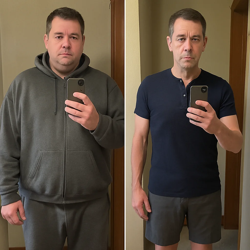 Illustrative before-and-after weight-loss transformation