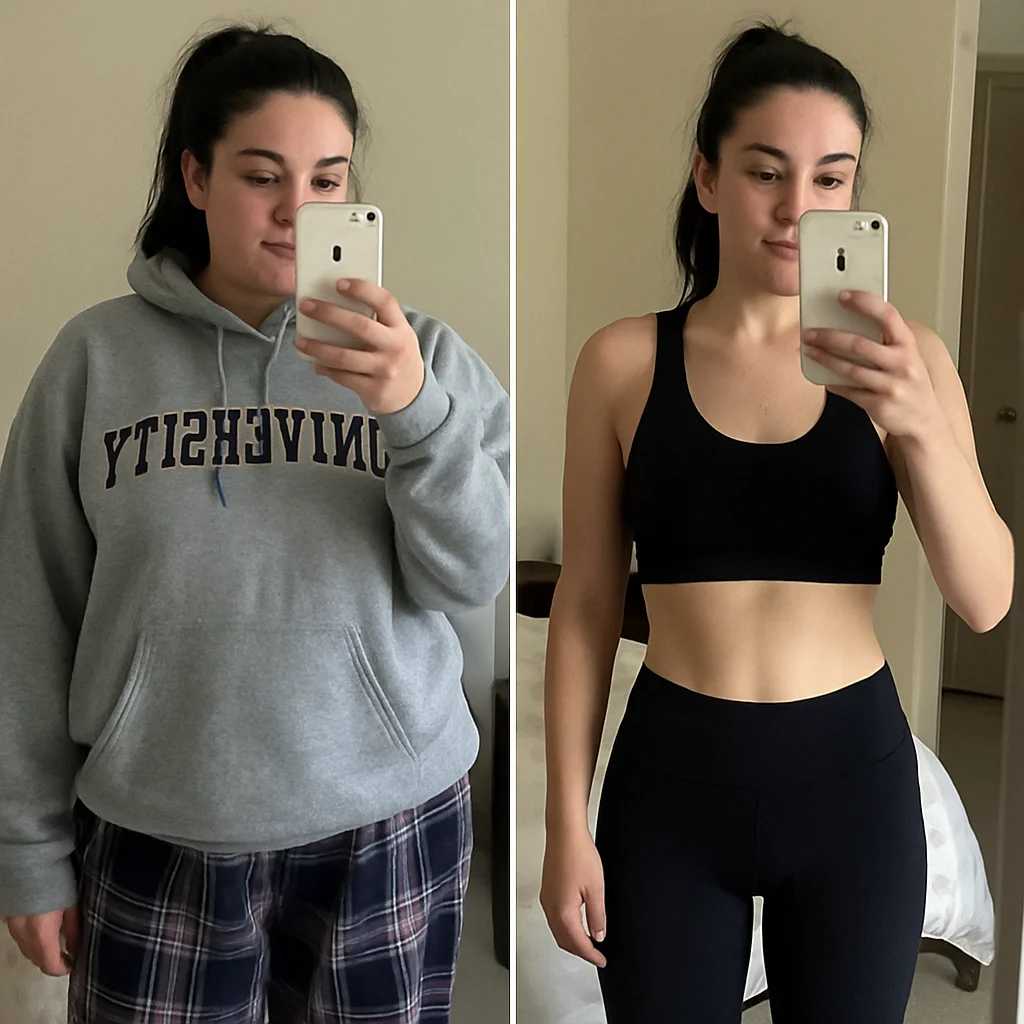 Illustrative before-and-after weight-loss transformation