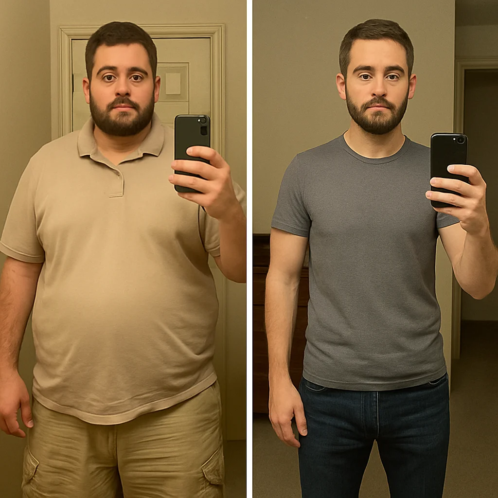 Illustrative before-and-after weight-loss transformation