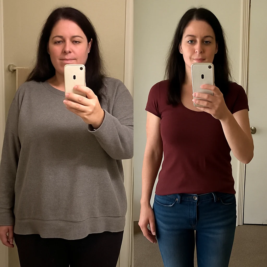 Illustrative before-and-after weight-loss transformation