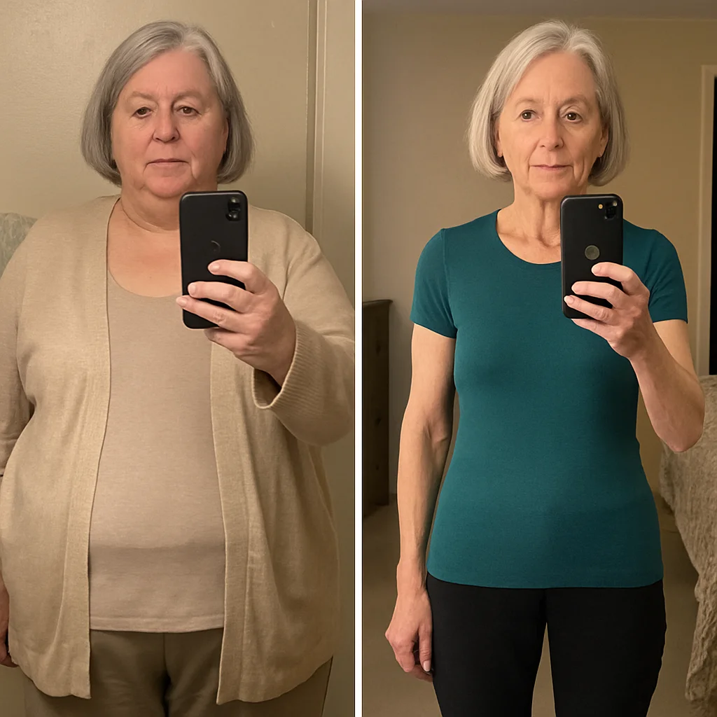 Illustrative before-and-after weight-loss transformation