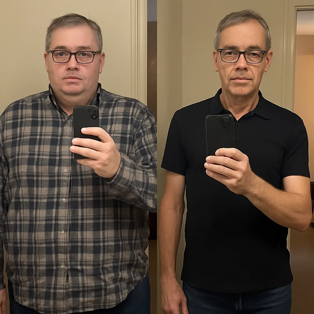 Illustrative before-and-after weight-loss transformation