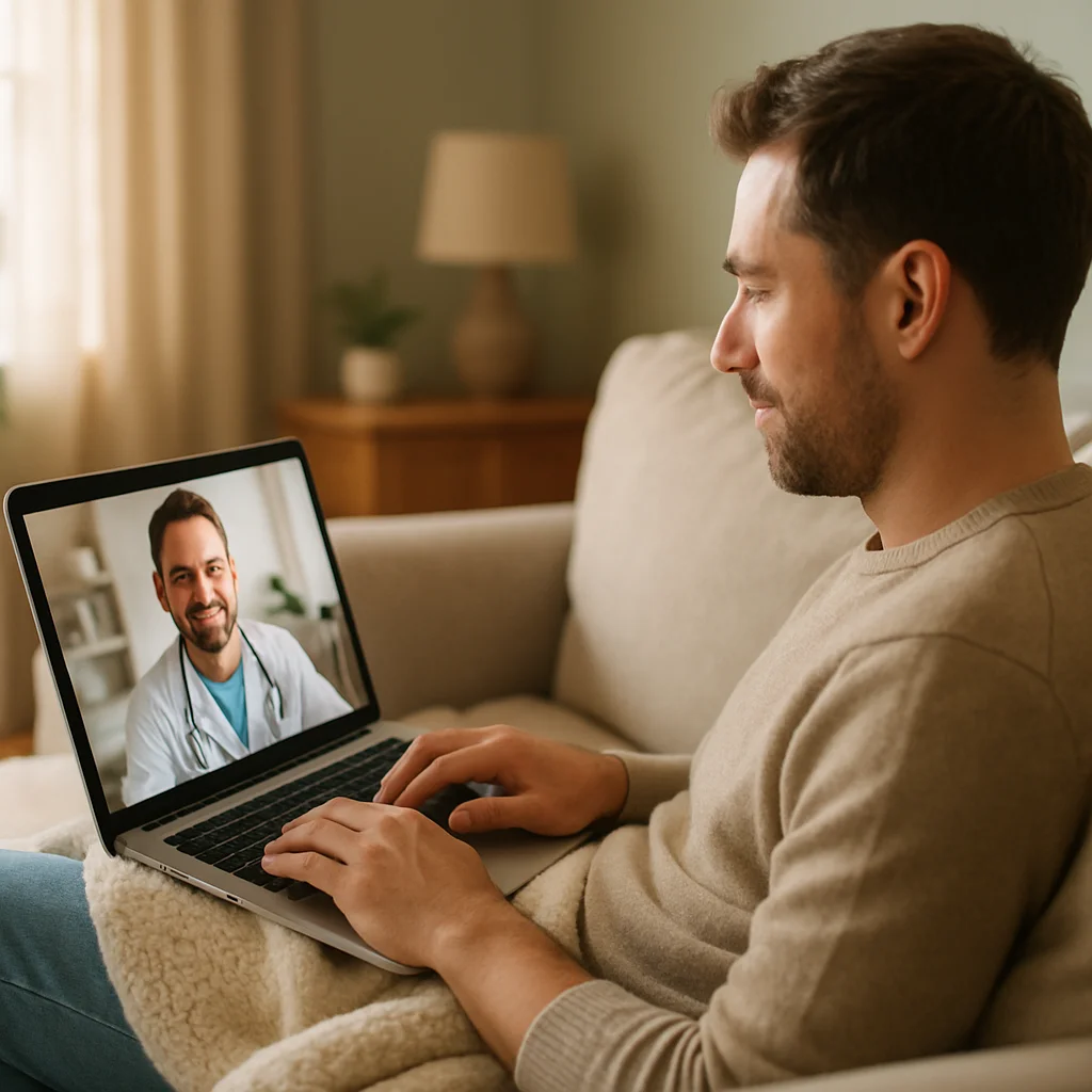 A patient meeting a licensed WePeptideRx provider on an online video consultation from home